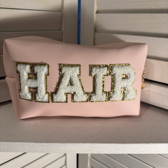Pink “HAIR” Cosmetic Pouch – Glitter Lettering, 9.5x5 Travel Size - Picture 1 of 3